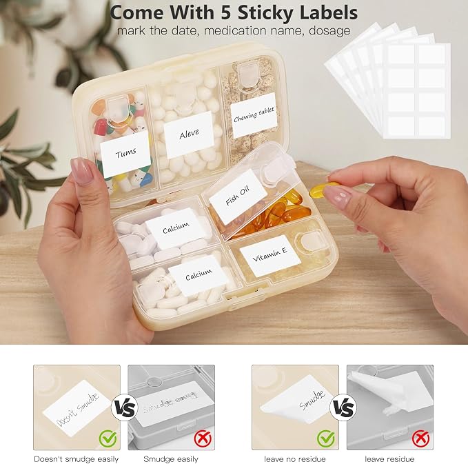FYY Weekly Pill Organizer with Labels,8 Compartments Travel Daily Pill Case Airtight Moistureproof Large Pill Box to Hold Vitamins, Fish Oil, Supplements,Cotton Swab and Bandages-Beige
