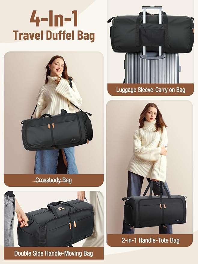 Lekesky Foldable Travel Duffle Bag for Women, 100L Large Duffel Bag with Separate Shoes Compartments & Straps, Carry On Weekend Bag for Women, Hospital, Overnight (Black)