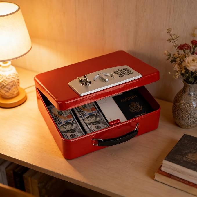 KYODOLED Red Safe Box with Digital Keypad Lock, Lock Box with Code for Personal Items, Metal Security Box for Cash, Passport, Jewelry, Ideal for Home, Office, Garage Sale, 11.8'' x 9.4'' x 3.5''