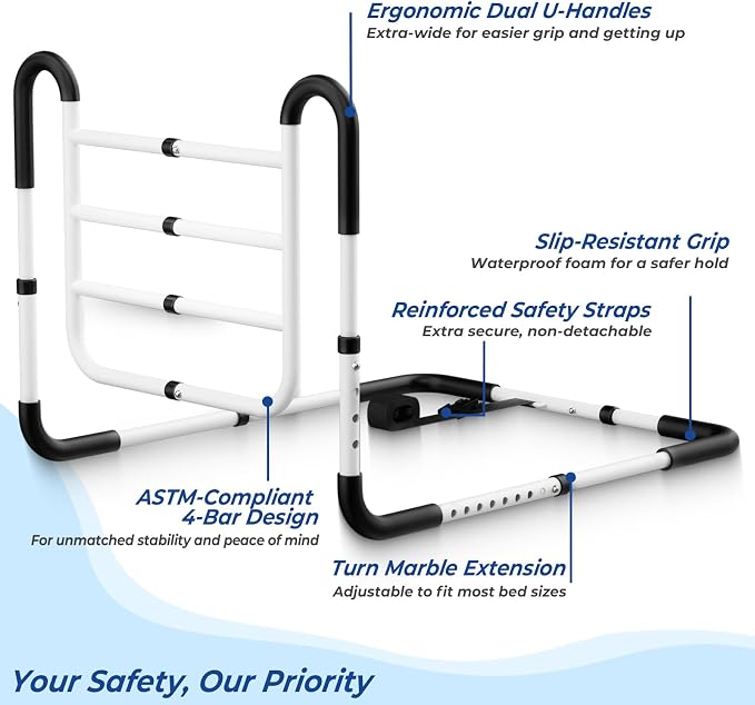 Bed Rails for Elderly Adults Safety, 400LB Support, Model BL07 | ASTM-Approved, Bed Rails for Seniors & Post Surgery, Ergonomic Dual U-Handles & 4-Bar Reinforced Anti-Tip, Tool-Free