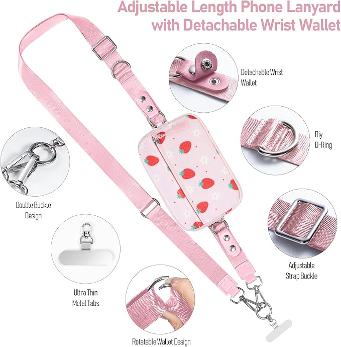 Tiostep Clip and Go Strap for Phone with Wallet Crossbody Phone Lanyard Adjustable and Detachable RFID Wristlet Wallet (Strawberry, Medium)
