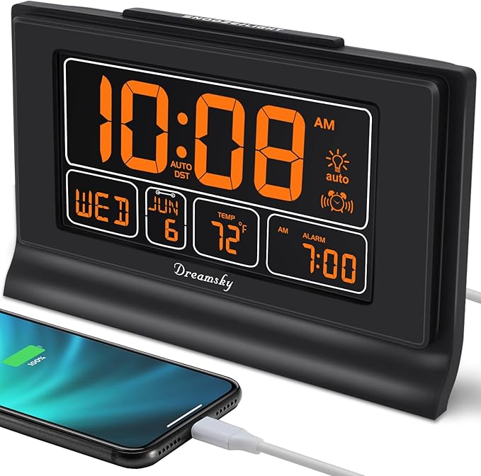 DreamSky Digital Alarm Clock with Battery Backup, 5 Inch Large Display, Auto Set Clock, USB Charging Ports, 12/24H | Digital Clock with Date & Day of Week, 5 Inch Large Display, Weekday, Temperature, USB Port, Auto DST, Brightness Dimmer