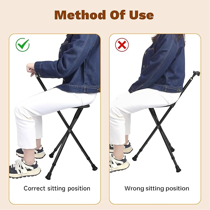 UNLICON-Brown Folding Cane Stool with Seat – Lightweight Adjustable Walking Cane for Seniors, Ergonomic Design, 330 lbs Capacity, Portable and Convenient Cane Chair with Anti-Slip Feet