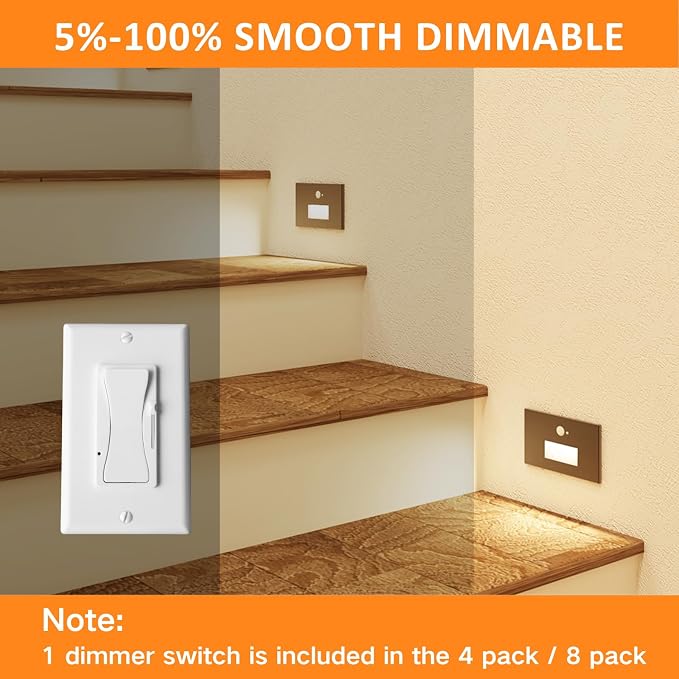 8 Pack 3CCT 120V Motion Sensor Step Lights with Dimmer Switch, Black | Hardwired LED Stair Lights Indoor Outdoor, 5%-100% Dimmable, 3000K/4000K/6000K, 5W 500LM, IP65 Waterproof, Aluminum, ETL