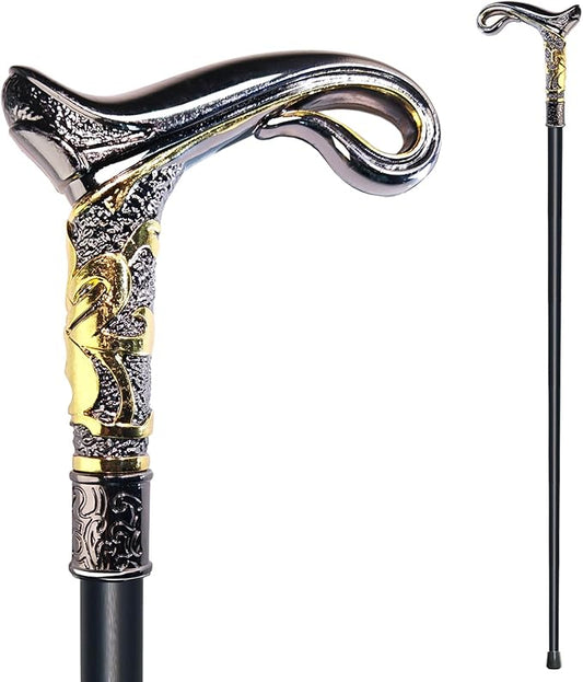 Walking Cane for Men & Women & Seniors - 36.5 Inch Heavy Duty 500+ lbs Capacity, Ergonomic Handle, Decorative & Ornate Design, Gothic & Goth Elegant Matte Black & Gold Artistry, Metal Cane