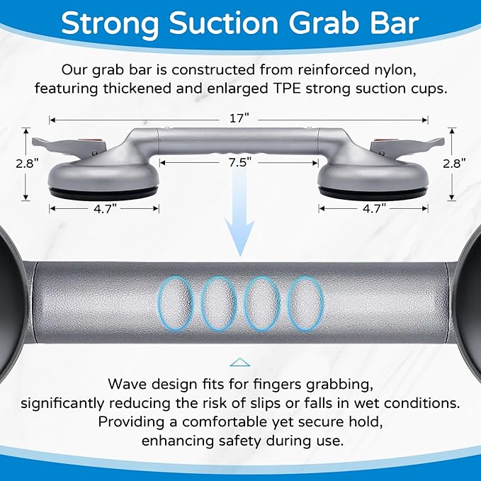 Suction Grab Bar for Shower Bathtub: Upgraded Heavy Duty Non-Slip Grip Handle with Strong Suction Cup for Bathroom Wall, Max Load 269LBS Safety Bar for Elderly Senior Disabled Handicap 17 Inch Silver