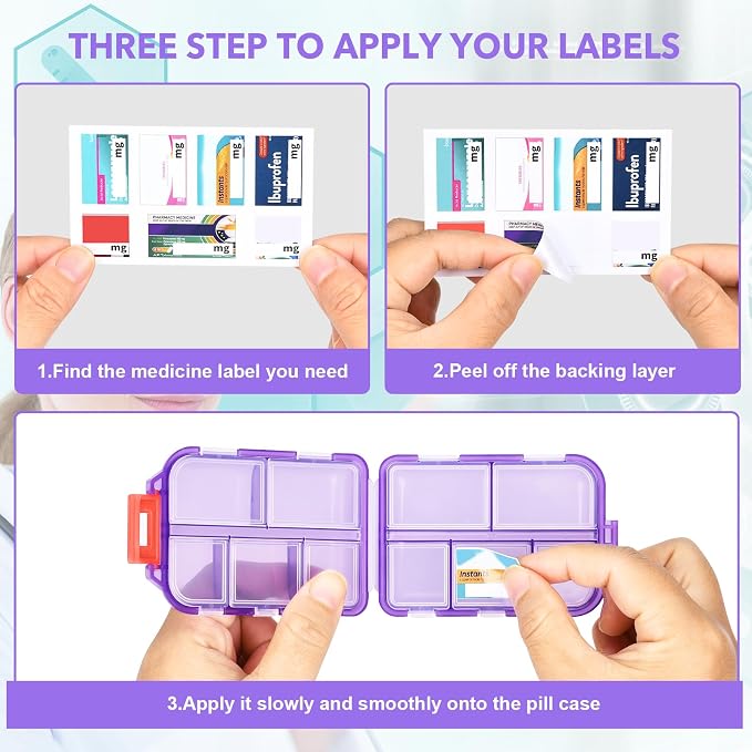 Travel Pill Organizer with 189 Labels, 10 Compartments Pill Travel Case Travel Medicine Organizer Purse Essentials Travel Daily Pill Container Mini Pill Case(Purple, 1 Pack)