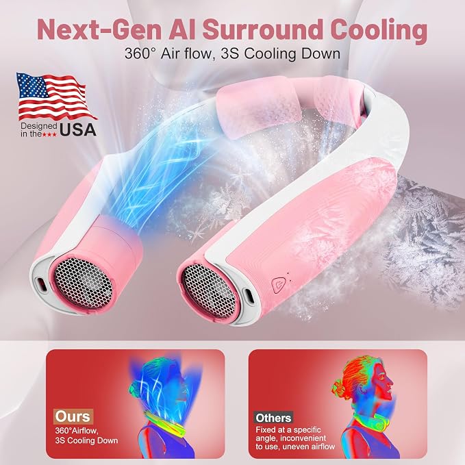 Portable Neck Fan with 6 Powerful Speeds, 8000mAh Battery Rechargeable Fan | 20H Runtime, Hands-Free 360° Cooling Personal Wearable Neck Fan, Gift for Women Travel Concerts(Pink)