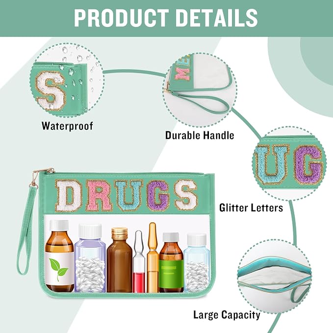 Iqimott Chenille Letter Patch Bag Clear MEDS Drugs Pouch, Preppy Portable Cosmetic Makeup Bag for Women Girls Travel, Waterproof Nylon Zipper Toiletry Medicine Storage Case Stadium Bag(Green, DRUGS)