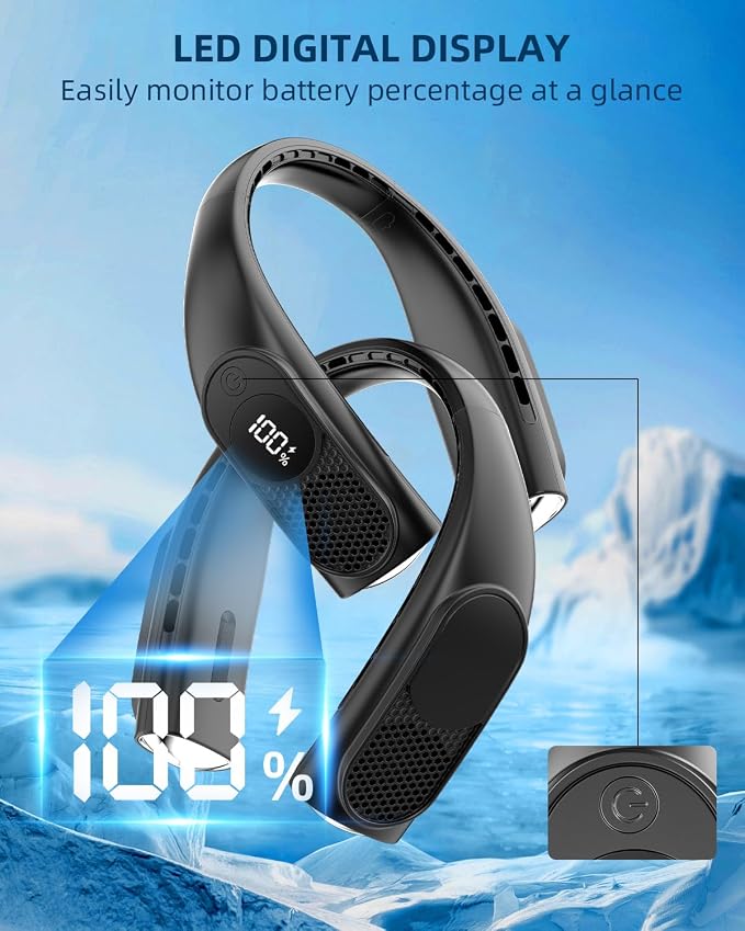JIAGE Neck Fan, Bladeless Wearable Hands-Free Portable Fan, 5200mAh Rechargeable, 360° Cooling with 3 Speeds, Ultra-Quiet Personal Fan LED Display, Idea for Home, Office, Travel, Sports- Black
