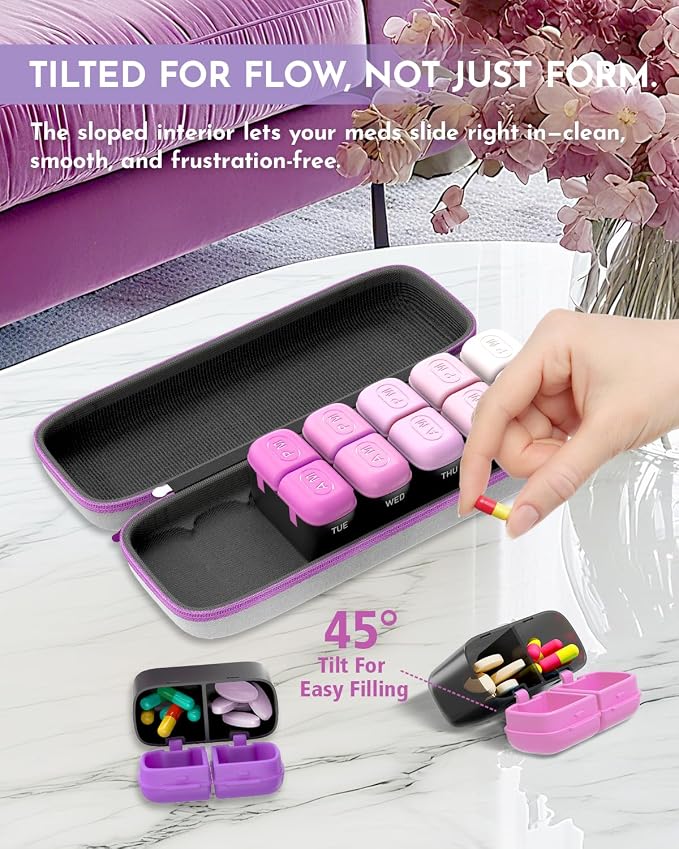 Weekly Pill Organizer 2 Times a Day, 7 Day Travel Medicine Pill Organizer with Moisture-Proof Silicone Lid, AM PM Daily Pill Box for Vitamins & Supplements, Aesthetics Pill Case(Purple)