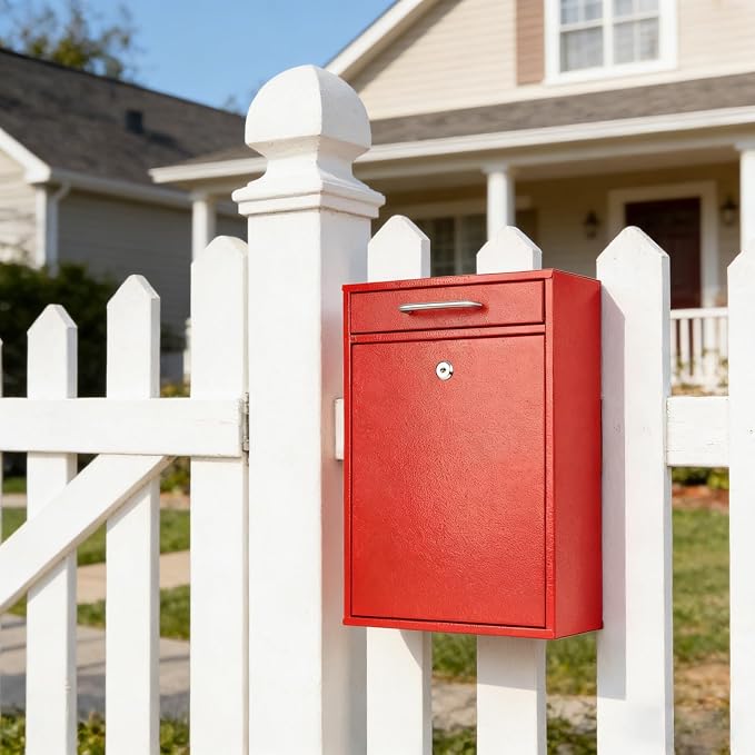 KYODOLED Locking Wall Mount Mailbox for Outside, Drop Box, X-Large, Red | Heavy-Duty Steel, Outdoor Mail Box with Key Lock, Large Capacity, Home, Office & Apartment Use, 16.2H × 11.2L × 4.6W In