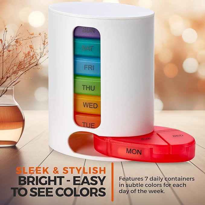 MEDca Weekly Pill Organizer, 1 Dispenser, 7 Stackable Multi-Color Compartments Four Times-a-Day - Morning, Noon, Evening, and Bedtime, White