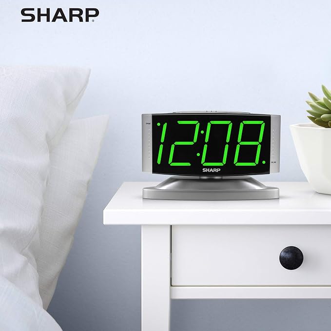 Sharp Home LED Digital Alarm Clock – Swivel Base - Outlet Powered, Simple Operation, Alarm, Snooze, Brightness Dimmer, Big Green Digit Display, Silver Case