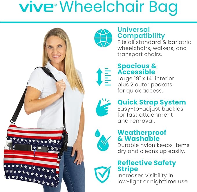 Vive XL Wheelchair Bag - Waterproof, Scratch-Resistant, Double-Stitched, Machine Washable Accessory for Adults, Seniors, 15 Colors - Storage Walker Backpack to Hang on Back of Wheel Chair