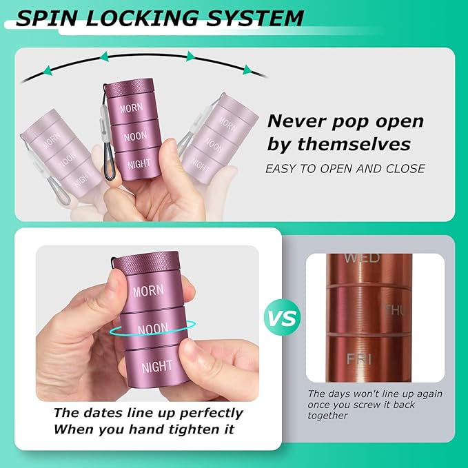 Aluminum Alloy Waterproof Pill Organizer 3 Times a Day,Moisture Proof Metal Pill Case,Small Daily Pill Holder for Purse,Portable Travel Pill Box Container to Hold Vitamins,Med, Supplements【Rose Gold】