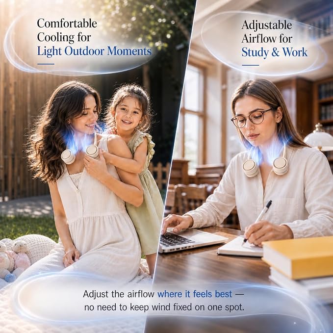 Lightweight Portable Neck Fan, Hands-Free Rechargeable | 6.3 oz wearable fan, foldable design, 360° adjustable airflow, 3 speeds; ideal for travel, office and commuting