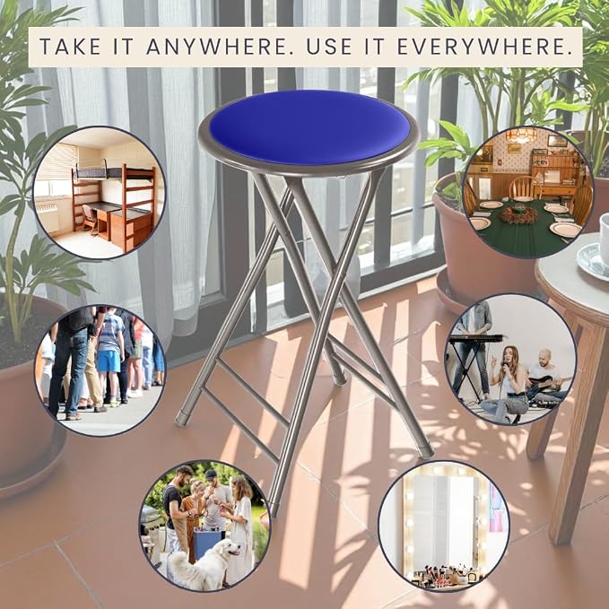 Lavish Home Folding Stool with Padded Backless Seat, Blue, 24 Inch | Counter Height Bar Stools with 225lb Capacity, Portable Indoor & Outdoor, Extra Seat for Kitchen, Rec Room or Camping