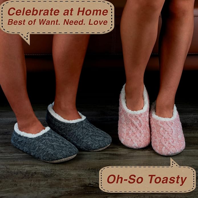 cosyone1997 2-Pair Thick Warm Fuzzy Slippers for Women Indoor Fluffy Sherpa Lined, Winter House Shoe Socks Non-Slip Soft Soles, Cozy Christmas Gifts