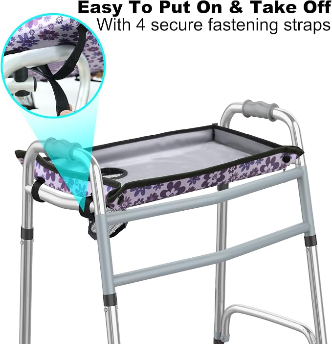 Walker Tray for Folding Walker with Cup Holder, Detachable Tray for Walker, Walker Accessories for Senior with Non-Slip Mat, Universal Fit for Meals, Drinks, Reading,Laptop (Purple)
