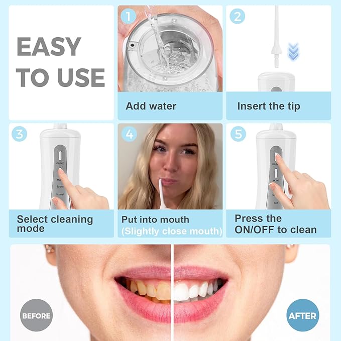 350ML Water Dental Flosser Teeth Pick with Travel Bag, 5 Modes Portable Cordless Oral Irrigator Cleaner, Electric Rechargeable IPX7 Waterproof for Home Travel Teeth Cleaning flossing (White)