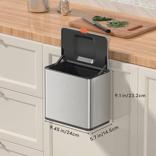 Mbillion 1.05 Gal Silver Hanging Stainless Steel Compost Bin | 4L trash can with lid, cabinet & under sink door mount design, for kitchen, RV and bathroom food waste storage