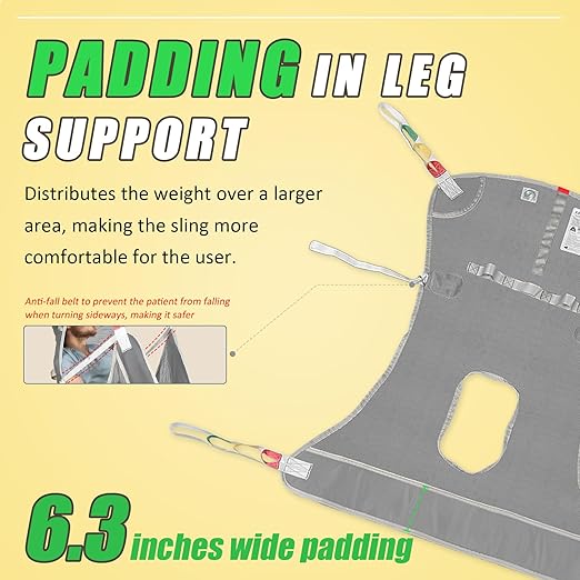 Universal Full Body Patient Lift Sling with Commode Opening for Elderly & Disabled, Safe Working Load 500 lbs, Medium Grey