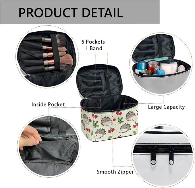 Hedgehogs Large Cosmetic Bag for Women Travel Makeup Bag Handle, Cartoon Animals Portable Toiletries Bag Brush Bags for Traveling, Light Green
