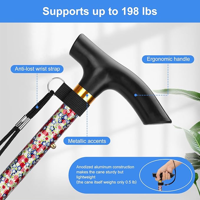 supregear Folding Cane, 5-Level Adjustable Height Walking Stick Lightweight Collapsible Portable Travel Cane with Wrist Strap and T Handle for Elderly Disabled Men Women