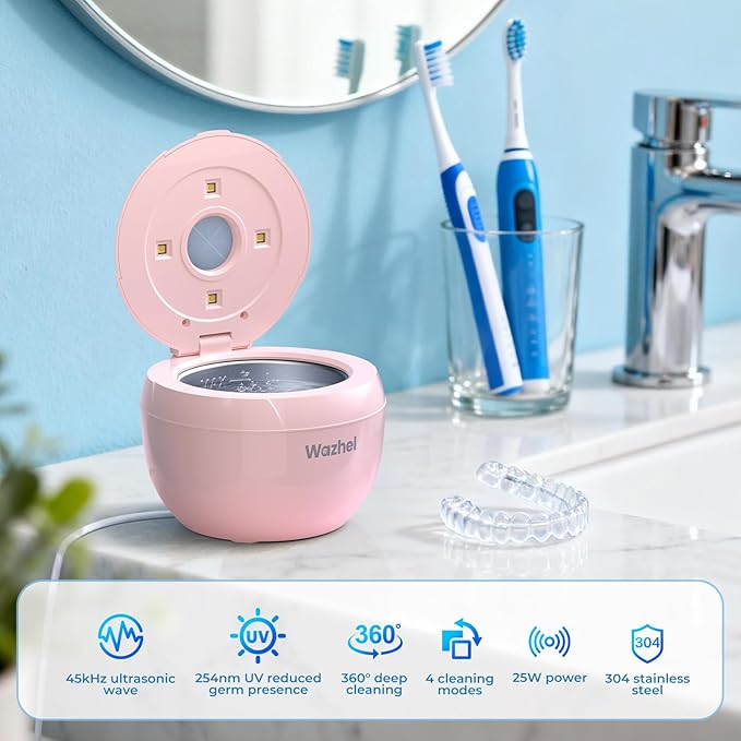 Ultrasonic Retainer Cleaner Machine, 45kHz Dental Cleaning Pod for Denture, Mouth Guard, Night Guard, Aligner, Braces, Toothbrush, 200ML Denture Cleaner with Digital Timer & 4 Modes, Pink