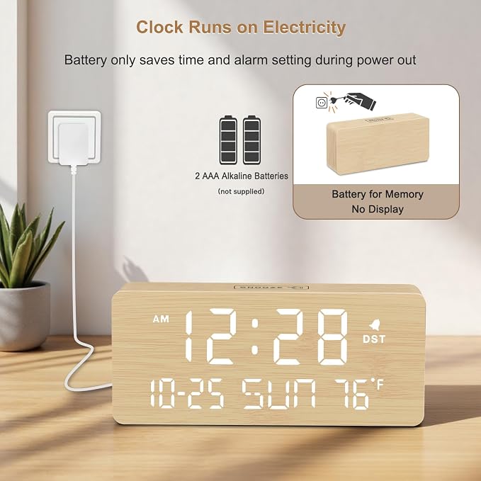 DreamSky Wooden Digital Alarm Clocks for Bedrooms with Date & Day of Week | Living Room Desk Clock, Temperature, USB Port, Dimmer Wheel, Adjustable Volume, Auto DST, Office Wood Decor (Plug-in)