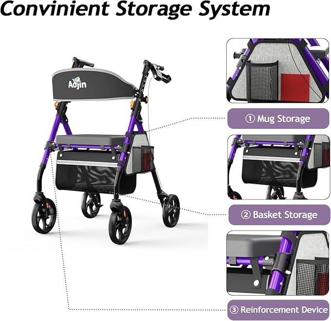 Lightweight Foldable Rollator Walkers with Seat for Seniors, 350 lb Capacity, 8'' Wheels, 17.7" Big Seat, 6-Position Adjustable Height, Ultralight Aluminum Frame Rolling Walker (Purple)