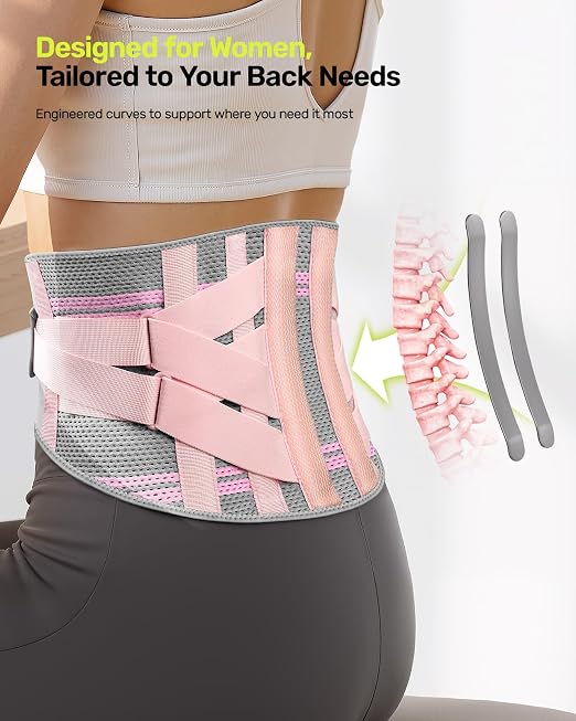 Rakiie Back Brace for Lower Back Pain Women with 9X Support System, Ergonomic Lumbar Support for Pain Relief, Breathable Mesh Design with 3D Silicone Pad for Sciatica, Pink Size XL (Waist: 39.4" – 47.6")
