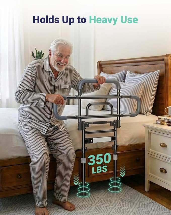 Bed Rails for Elderly Adults Safety, 180° Foldable Bed Rail with Adjustable Height & Width, 350lb Load, Extra-High Design, Wide Base, LED Light & Storage Pockets – Fits King/Queen/Full/Twin Beds