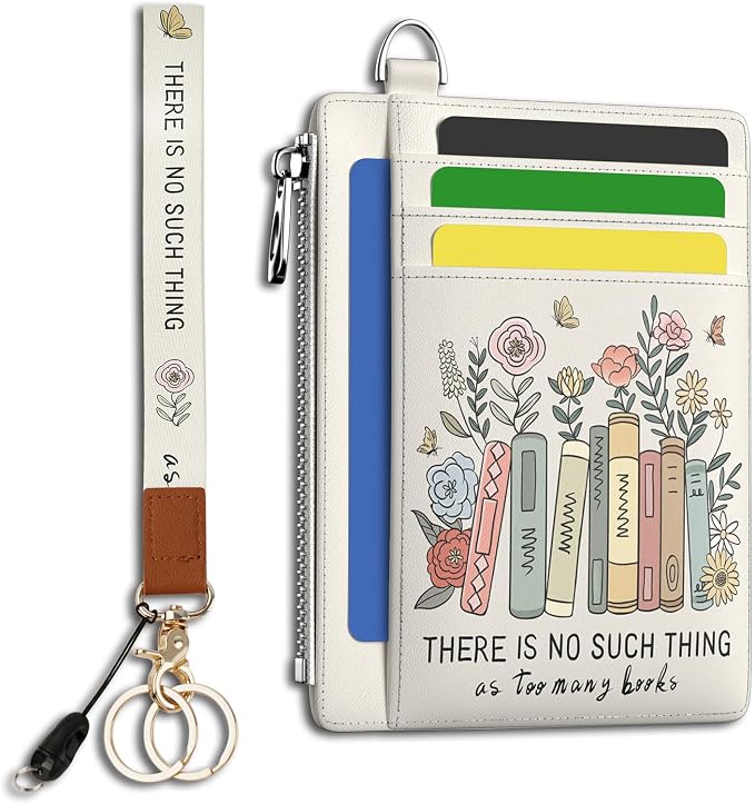 Hancynir Book Bookish Slim Wallet Women Credit Card Holder, Wristlet RFID | Cute Keychain Lanyard Wallet, Travel Zipper Coin Pocket, Ladies Gifts Women, Minimalist Card Case, 6 Card Slot, PU Leather