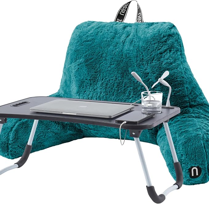 Nestl Fur Reading Pillow with Laptop Lap Desk, Stylish Back Pillow for Sitting Up, Lap Desk with Reading Pillows for Sitting in Bed Adult & Kids, Faux Fur Chair Pillow with Arms - Teal