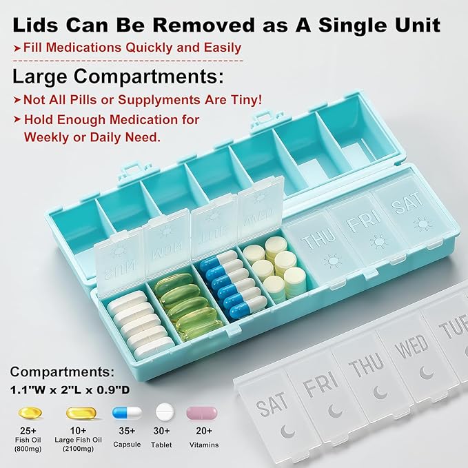 Foldable Pill Organizer 2 Times a Day w/Etched Labels -Dual Protection & Portable Weekly AM PM Pill Box, 7 Day Medicine Container, Large Travel Pill Case for Week Daily Supplement Vitamin - Sky Blue