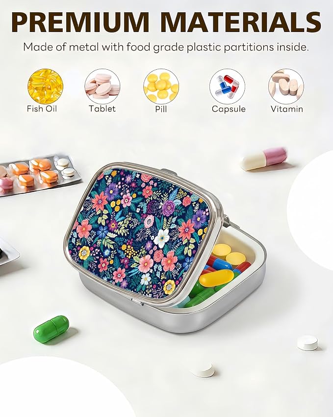 LRITER Pill Case, 2 Compartment Portable Small Travel Pill Organizer for Purse and Pocket, Stylish Medicine Case with Multiple Patterns, Daily Pillbox for Home & Travel (Colorful Flowers)