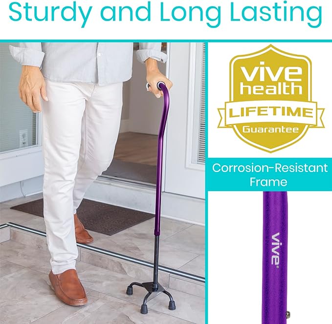 Vive Quad Cane - Walking Stick for Men and Women - Lightweight Adjustable Staff - Comfortable Right and Left Hand Grip for Stability Support - Four Prong Sturdy Aluminum Travel Aid - 4 Tip