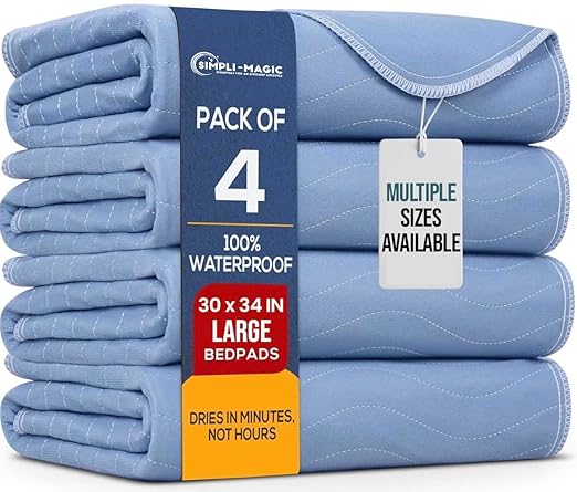 Simpli-Magic Washable Underpads, 30"x34" (Pack of 4) - Heavy Absorbency Reusable Bedwetting Incontinence Pads for Kids,Adults,Elderly,andPets - Waterproof Protective Pad for Bed,Couch,Sofa,Floor