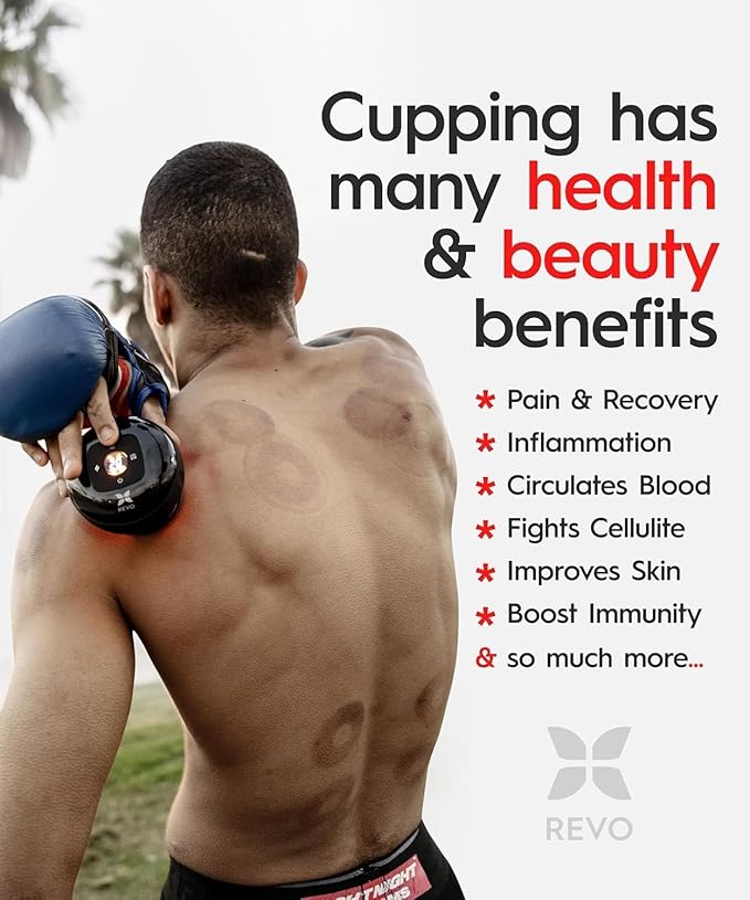 REVO The Original 4-in-1 Smart Cupping Therapy Massager, Red Light Therapy for Targeted Pain Relief, Knots, Aches, Muscle Soreness, Circulation & Tighter Skin, Portable Cupping Kit (Four Pack)
