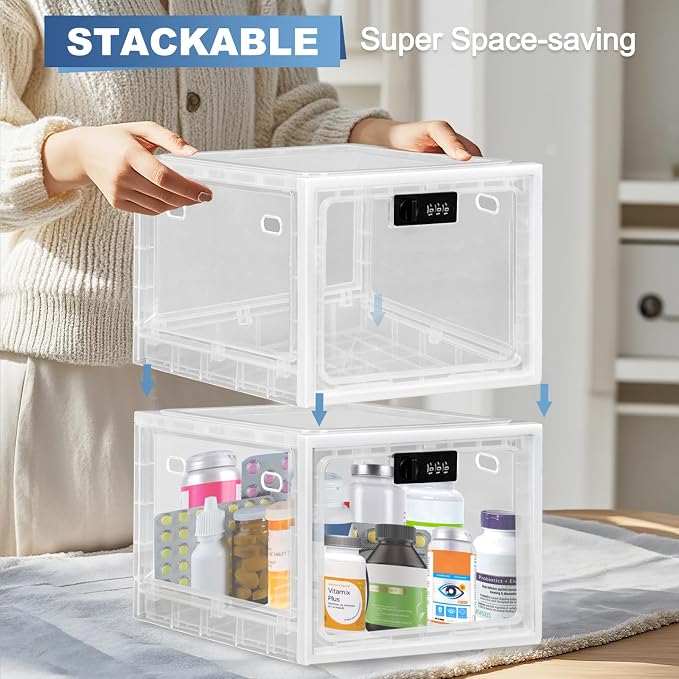 Gemaxvoled 2 Pack Medicine Lock Box, Large Capacity Premium Material Lockable Storage Bin Organizer Box with Combination Code for Safe Medication/Fridge Food/Snacks/Phone/Tablet Jail(White)
