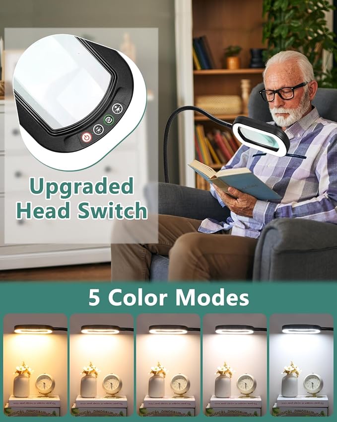 12X Rectangle Magnifying Glass with Light and Stand, 24" Flexible Gooseneck 3-in-1 Floor Lamp, 5 Color Modes Stepless Dimmable, LED Lighted Hands Free Magnifier for Reading Crafts Painting Close Work