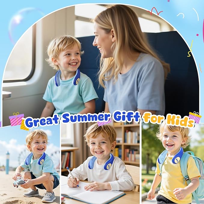 Kids Portable Neck Fan, Bladeless Fan for Kids, Safe Kids Rechargeable Cooling Fan for 4-14Y Boys Girls, 2600mAh Personal Fans for Your Neck, 4 Speeds & Lightweight, Summer Essentials Gifts for Kids