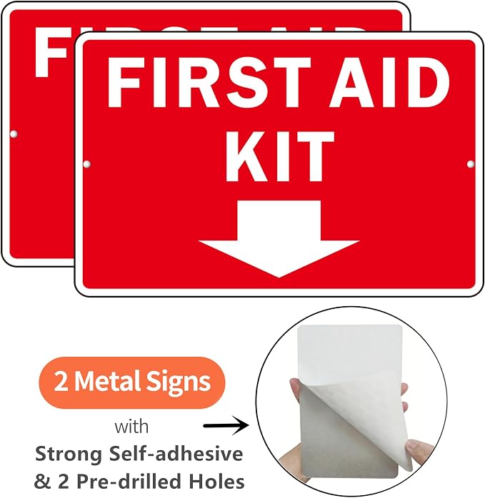 First Aid Sign, (2 Pack) Self Adhesive First Aid Kit Sign for Wall, Aluminum Metal Signs With 2 Pre-drilled Holes (9 x 6 inches, Red/White)