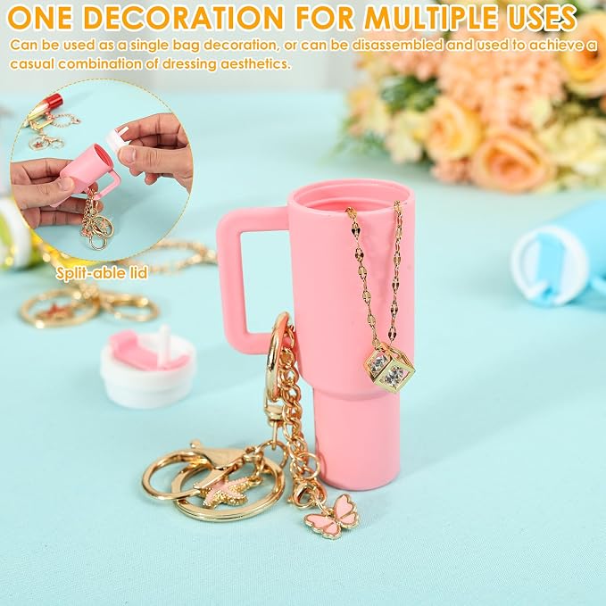 16PCS Mini Tumbler Keychain Accessories for Stanley Cup Cute Chapstick Holder Key Chain Charms for Women Men Girls