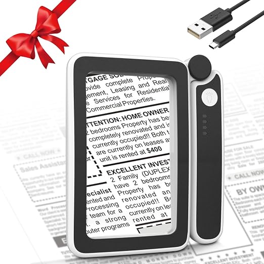 MoKo Magnifying Glass with Light, 4X Full-Page Folding Magnifier | Rechargeable magnifying glass for reading has 10 LEDs, 3 light levels and a 4.3 x 2.5 inch acrylic lens.