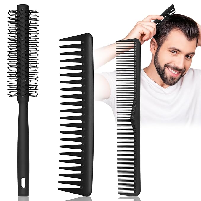 3PCS Comb Set Hair Combs for Men, Fine and Wide Tooth Comb, Roller Brush for Adding Volume, Hair Styling Mens Comb for Styling and Grooming, Frosted Texture