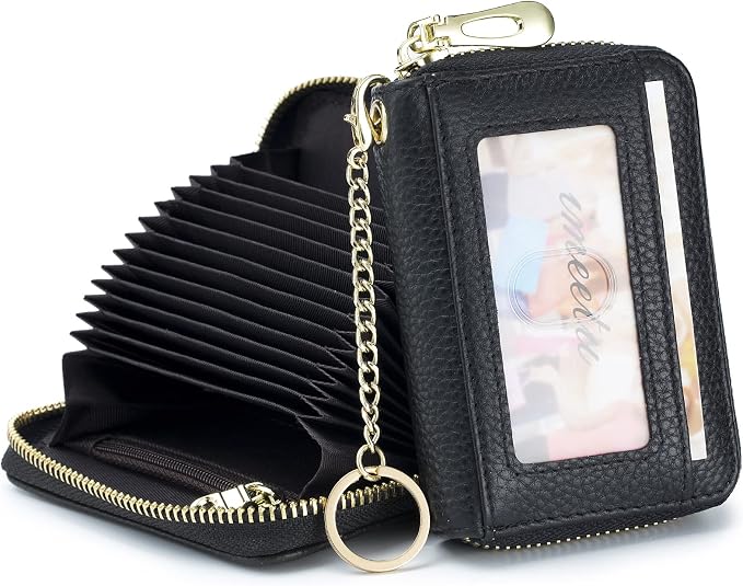 imeetu RFID Credit Card Holder, Small Card Wallet Women, Leather Card Case | Genuine Leather Women's Card & id Cases, Change Coin Purse with Zipper Keychain id Window, 20 Colors & 3 Styles, Daily, Gifts
