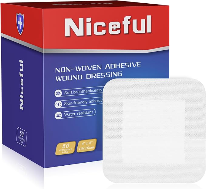 Niceful 50 Count Adhesive Gauze Island Dressing 4" x 4", Water-Resistant Wound Dressing Bandages, Sterile & Absorbent Medical Grade Adhesive Pads, First Aid Pads FSA Eligible